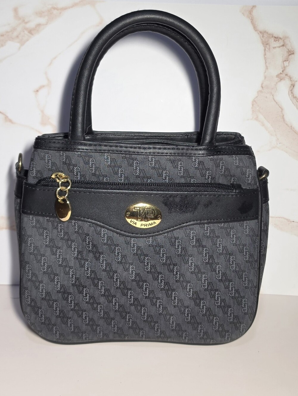Via Prima Gray Monogram Satchel Handbag Black Trim Gold Hardware